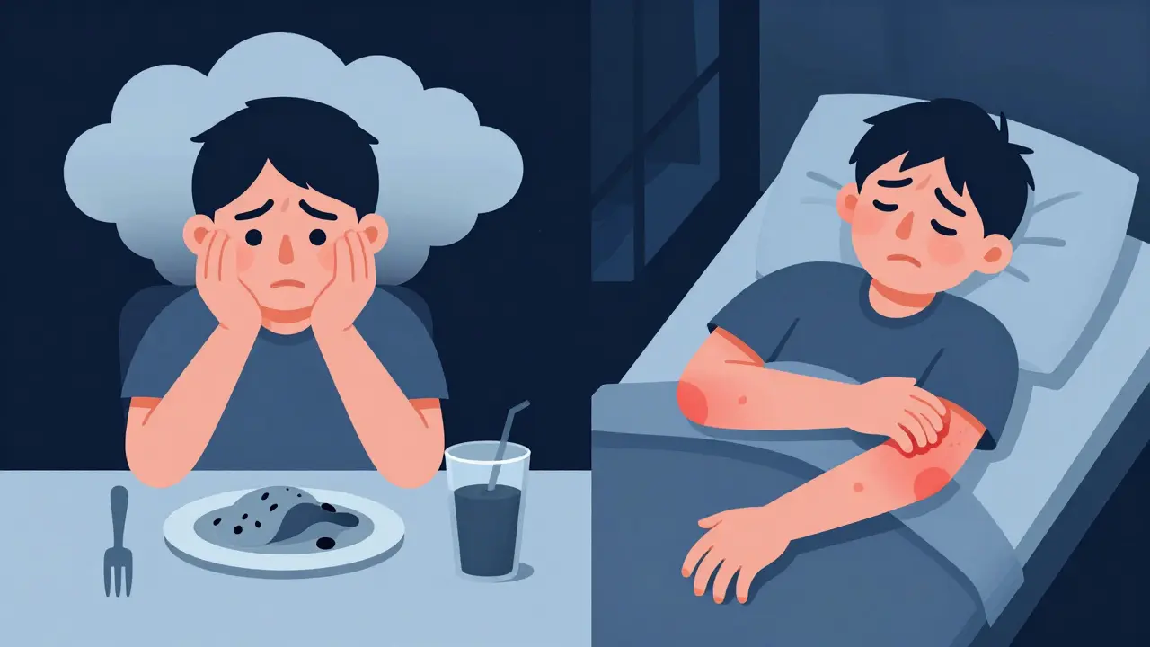 Illustration of nausea at dinner and severe itching at night