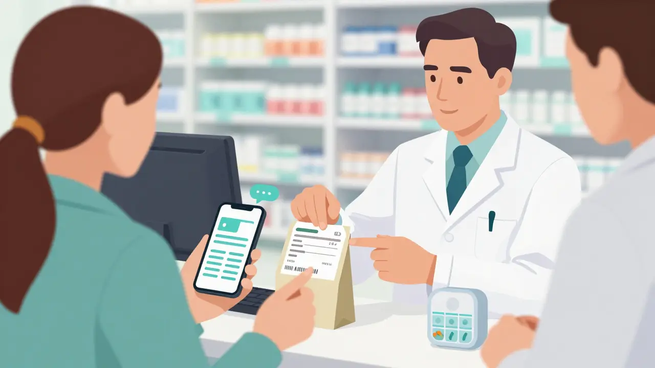 Pharmacist consulting with a caregiver about medication and tech tools