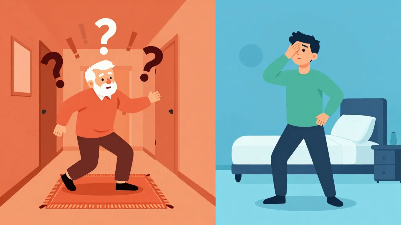Split illustration showing fall risk vs. safe sleep hygiene practices.