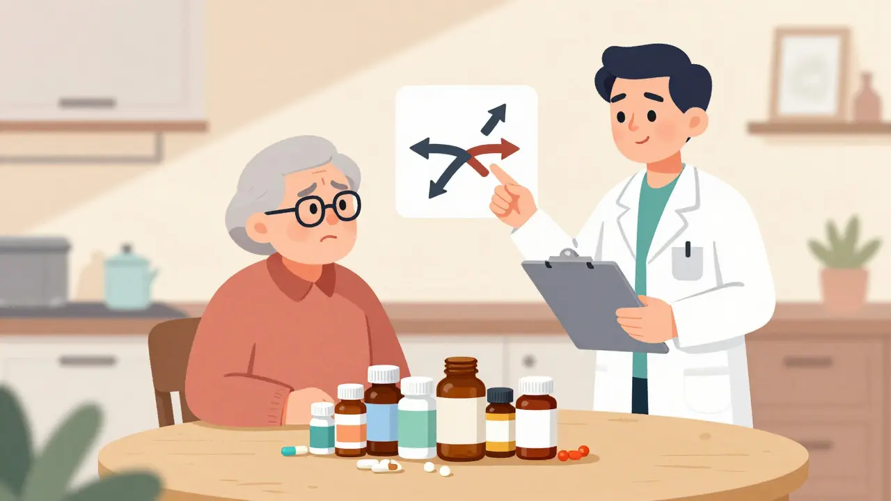 An older adult consulting a pharmacist about potential interactions among multiple medications.