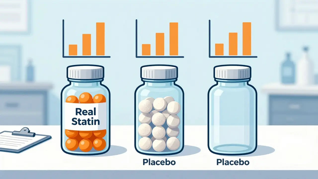 Cartoon of three pill bottles showing equal symptom scores in trial