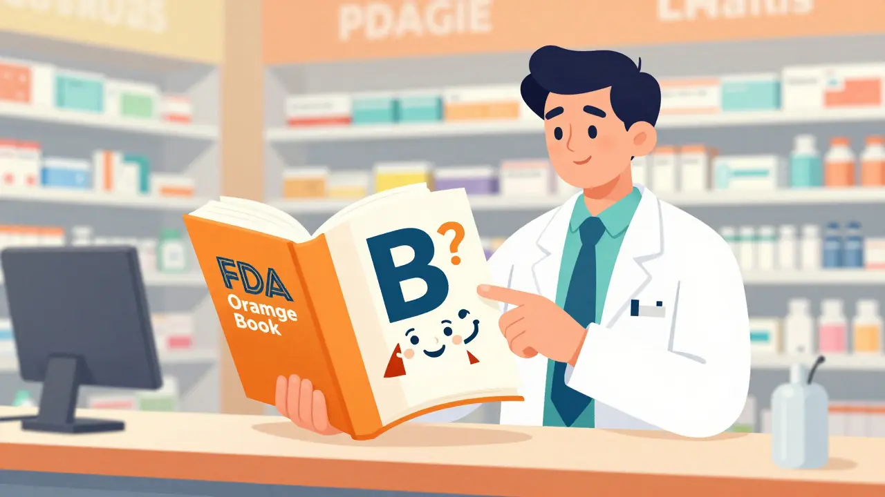 Cartoon pharmacist pointing to an orange book with A and B code characters