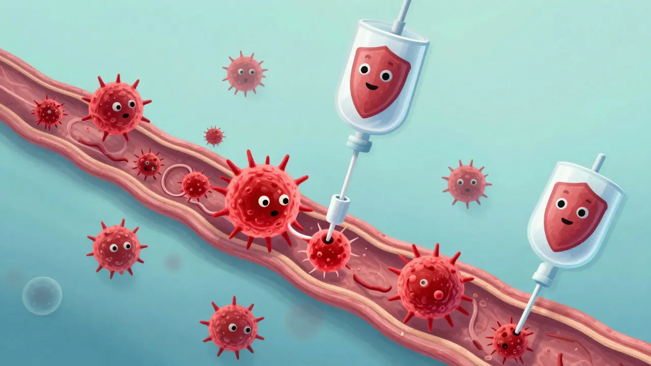 Cartoon showing IVIG antibodies shielding nerves from immune attacks.