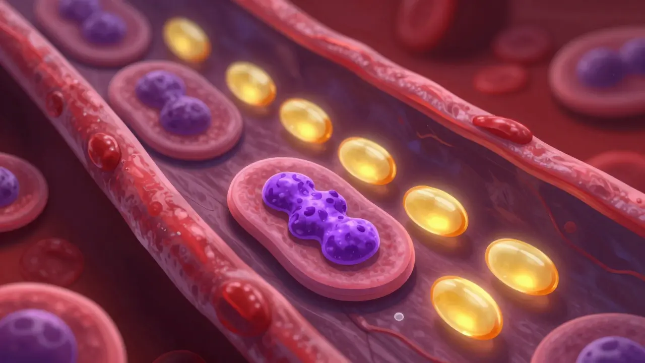 Cartoon view of platelets blocked by fish oil molecules in a blood vessel