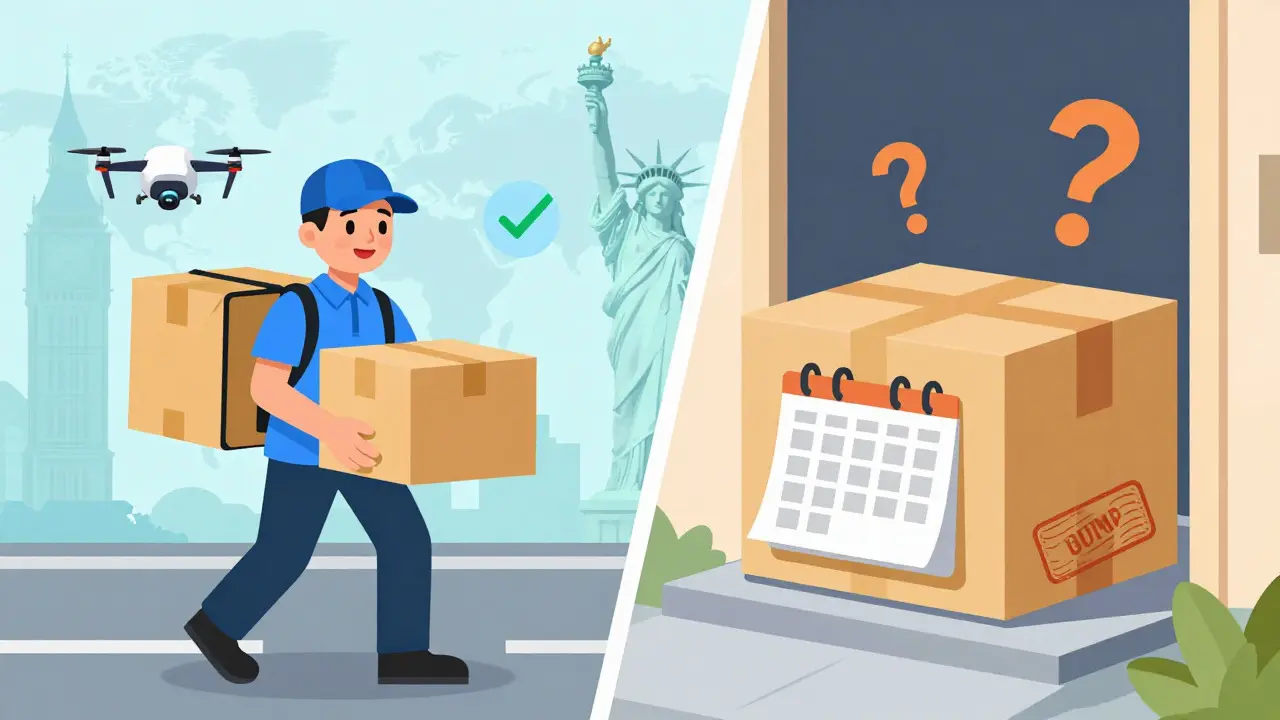 Comparison of fast local delivery vs slow international shipping packages