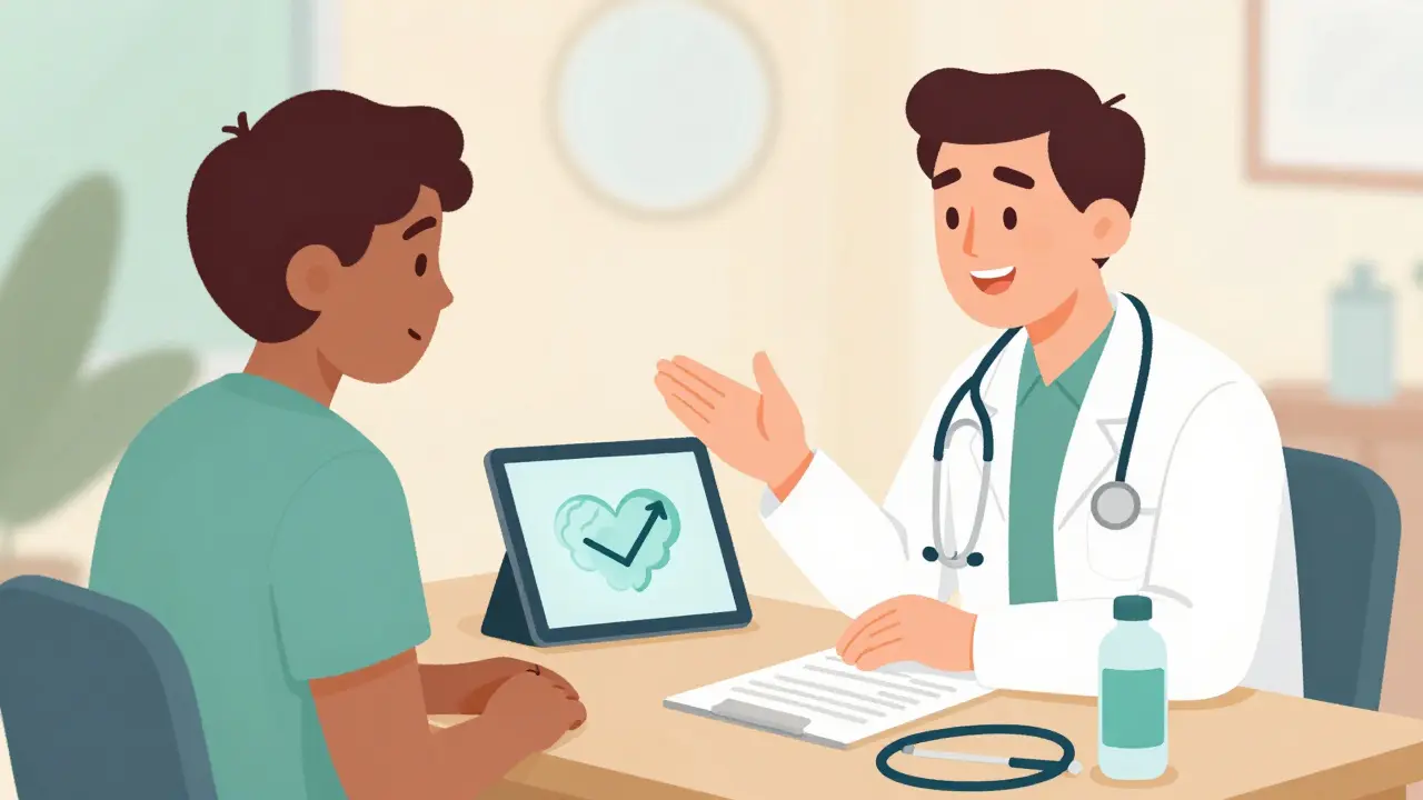 Doctor educating patient about nocebo effect during consultation