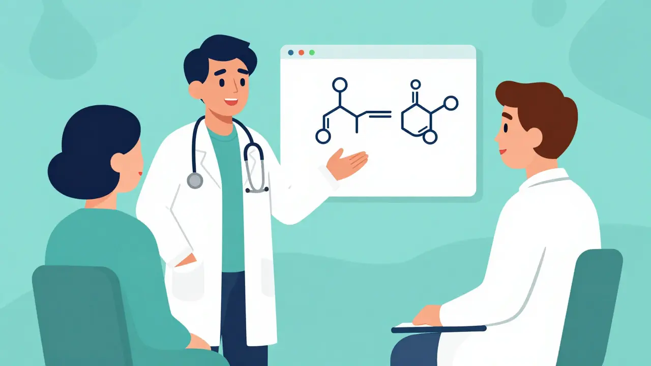 Doctor reassuring a patient about generic medication equivalence in a clinic