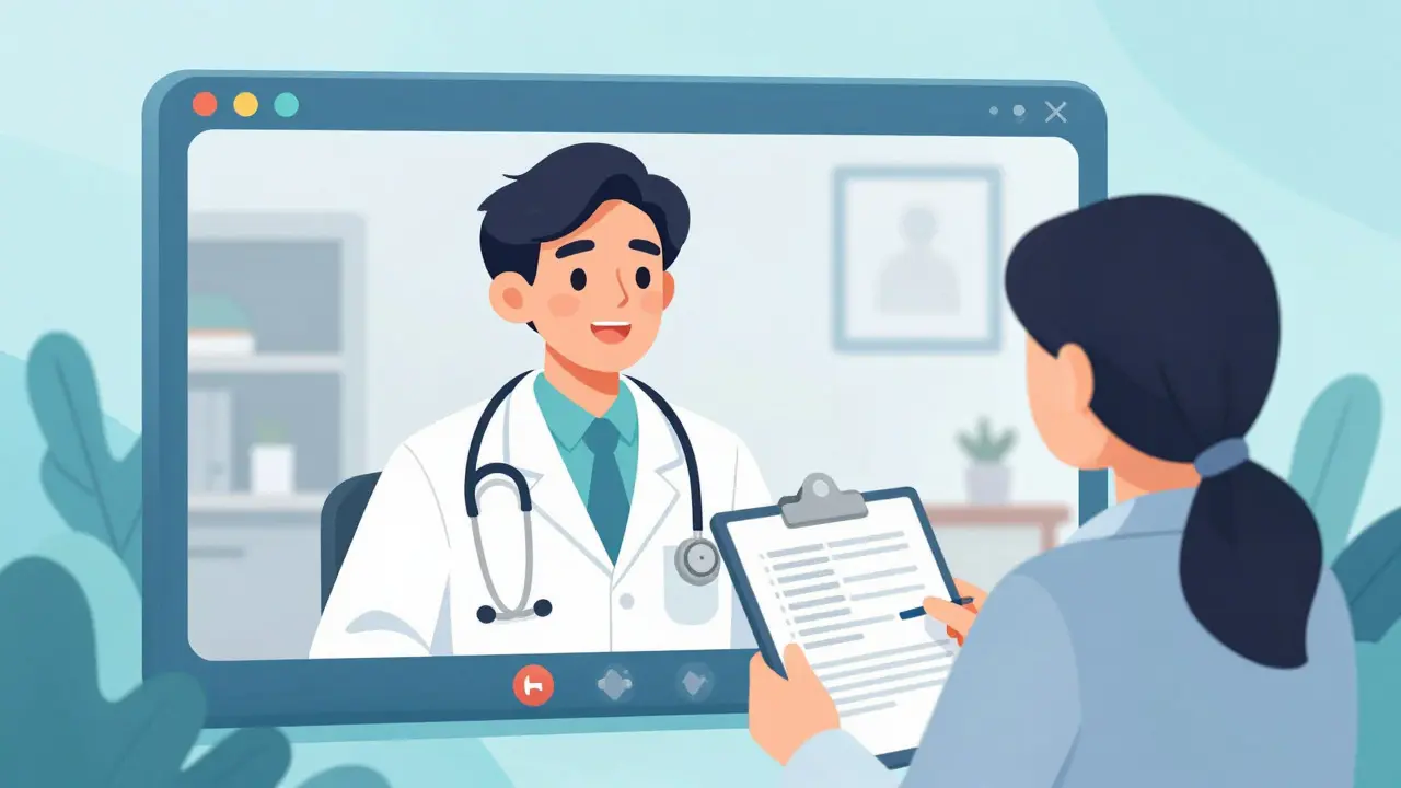 Editorial cartoon showing a friendly doctor conducting a video consultation with a patient