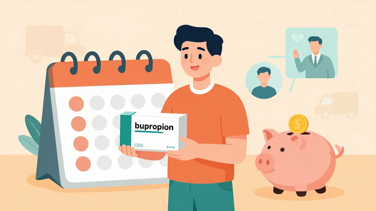 Happy patient holding medication with savings piggy bank and refill calendar