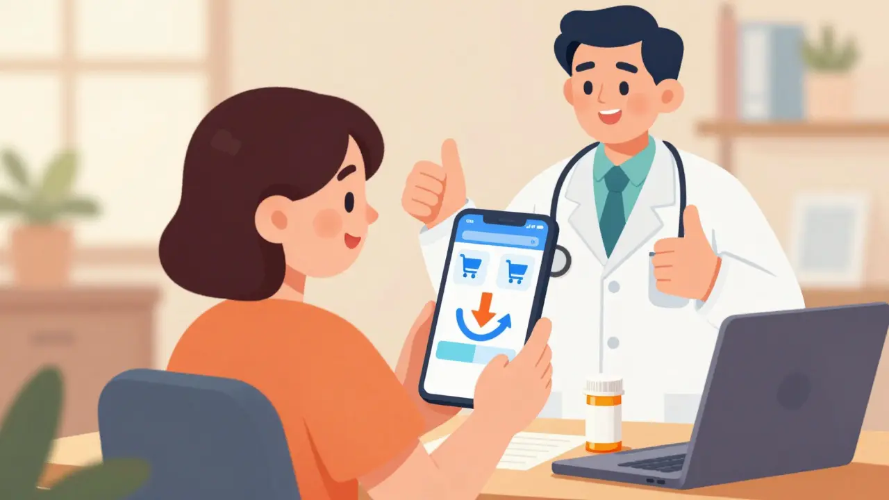 Happy person using phone app to compare medication prices