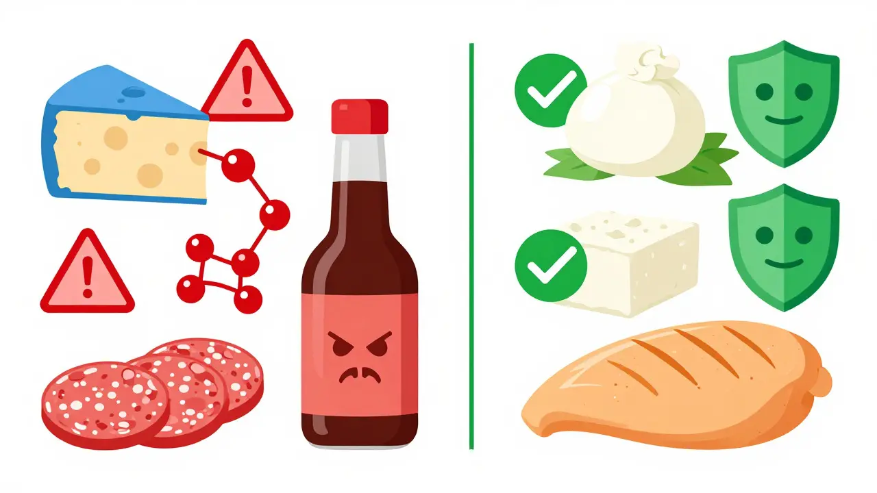 Illustration comparing dangerous aged meats with safe fresh food options