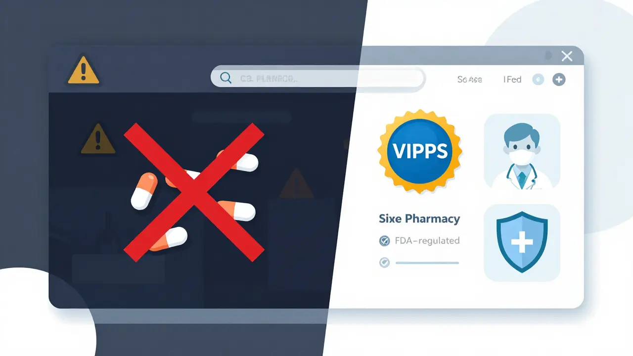 Illustration comparing unsafe fake drug sites with verified safe online pharmacies