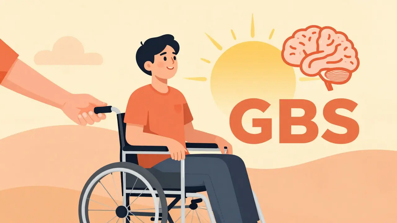 Illustration of a GBS patient recovering with support and hope.