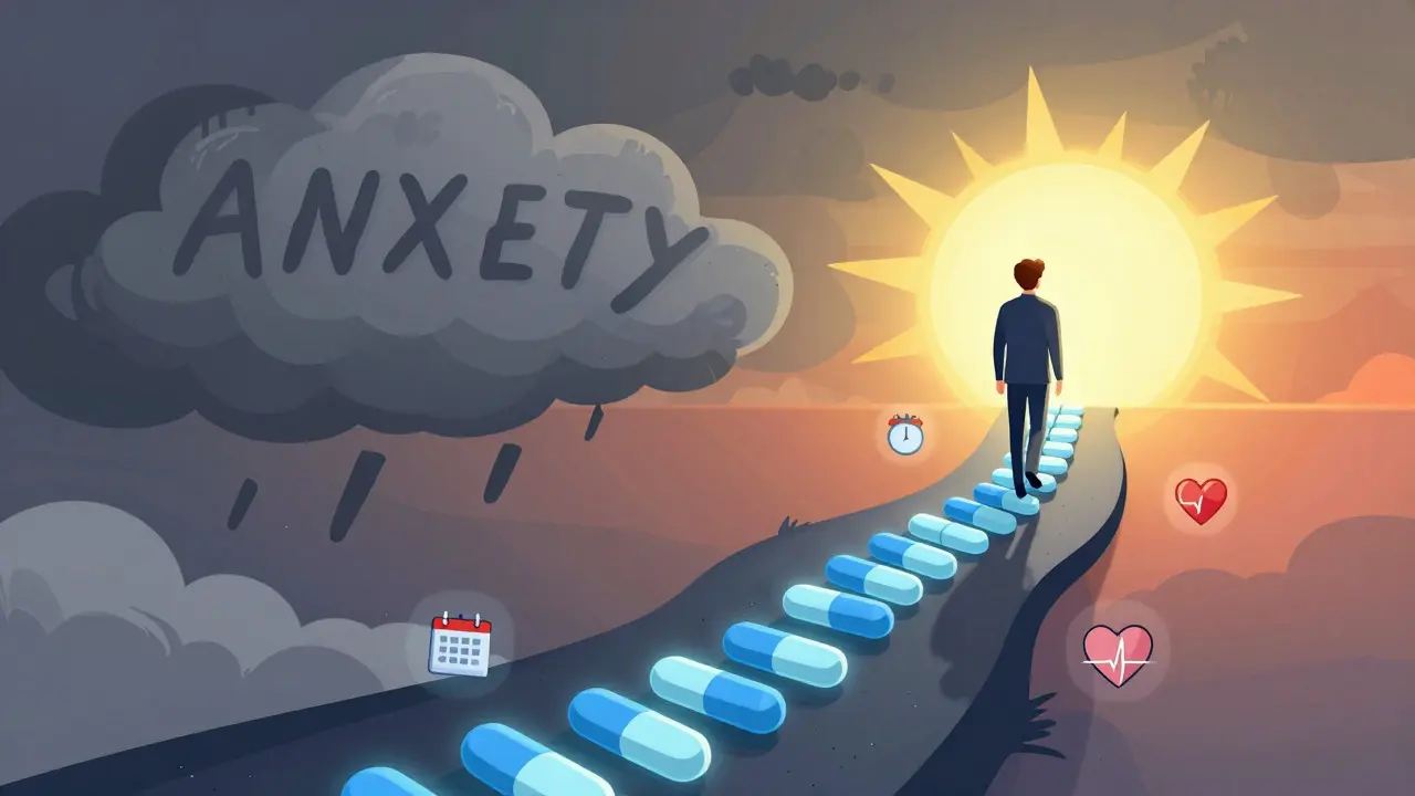 Illustration of a person walking a path toward wellness, leaving behind storm clouds
