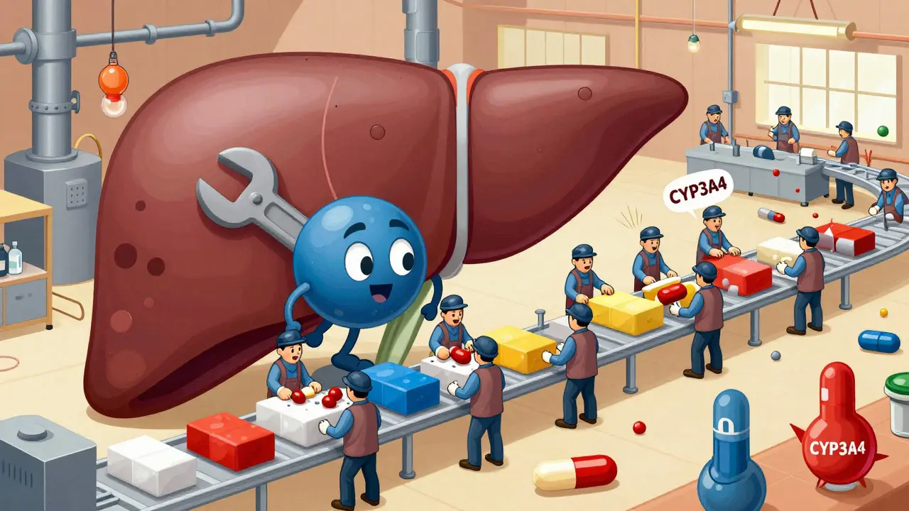Illustration of liver enzymes as factory workers being blocked or rushed by drug molecules.