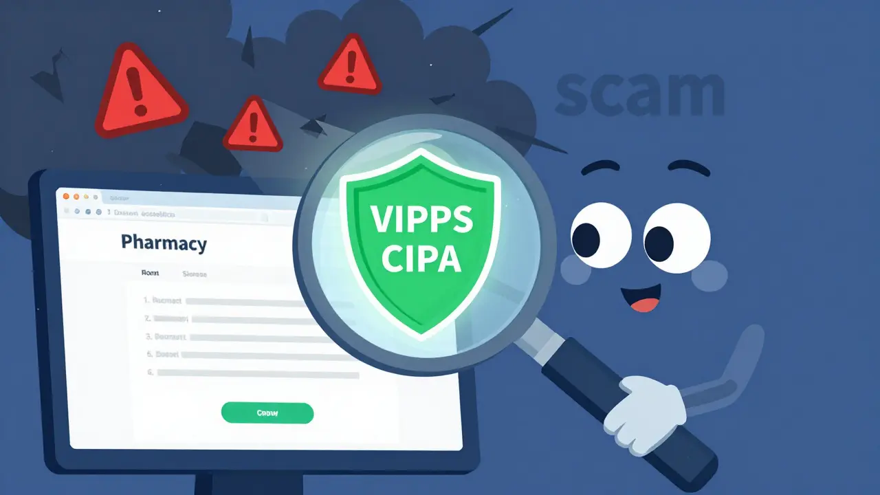 Illustration of magnifying glass checking pharmacy safety seals