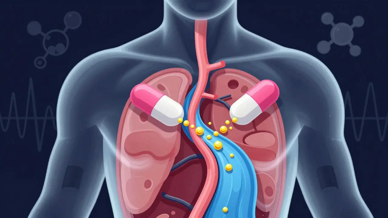 Illustration showing two different pills dissolving into identical golden streams in a bloodstream