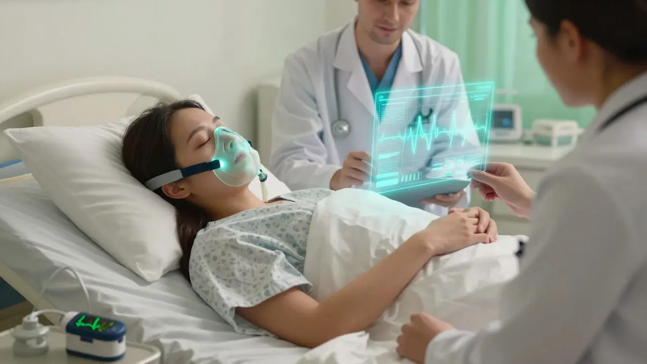 Patient sleeping safely with CPAP therapy while doctors monitor health