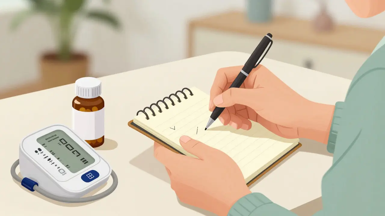 Person monitoring health symptoms and taking notes next to medication