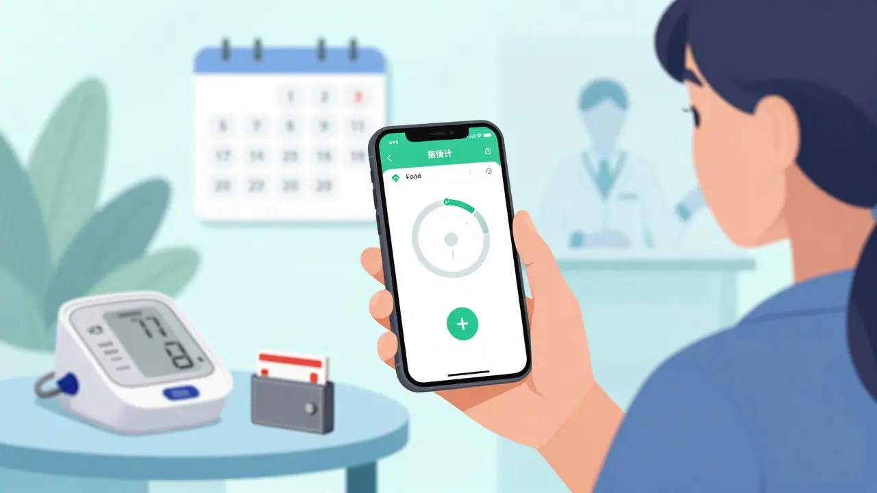 Person using health app and carrying emergency card for medication safety