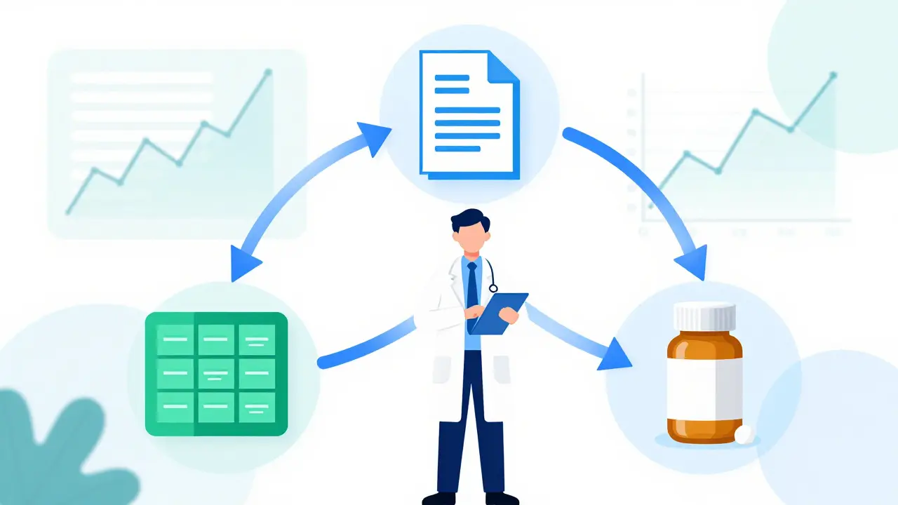 Pharmacist verifying drug data across multiple sources