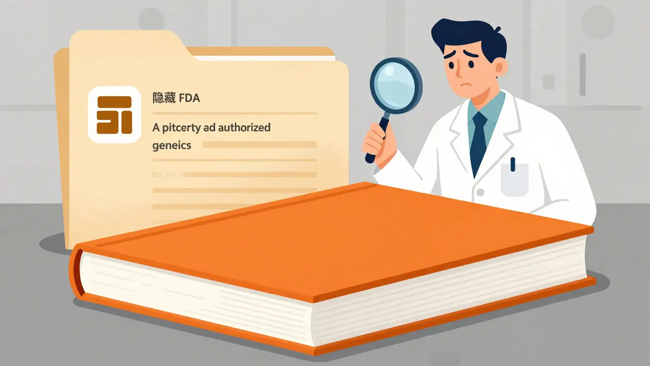 Researcher comparing closed Orange Book with separate generic file