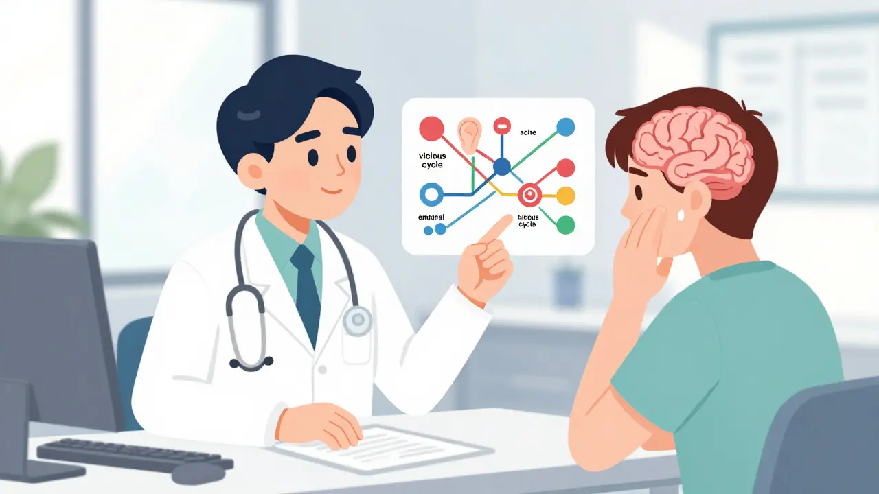 Audiologist explaining brain and ear connection to a patient in a clinic