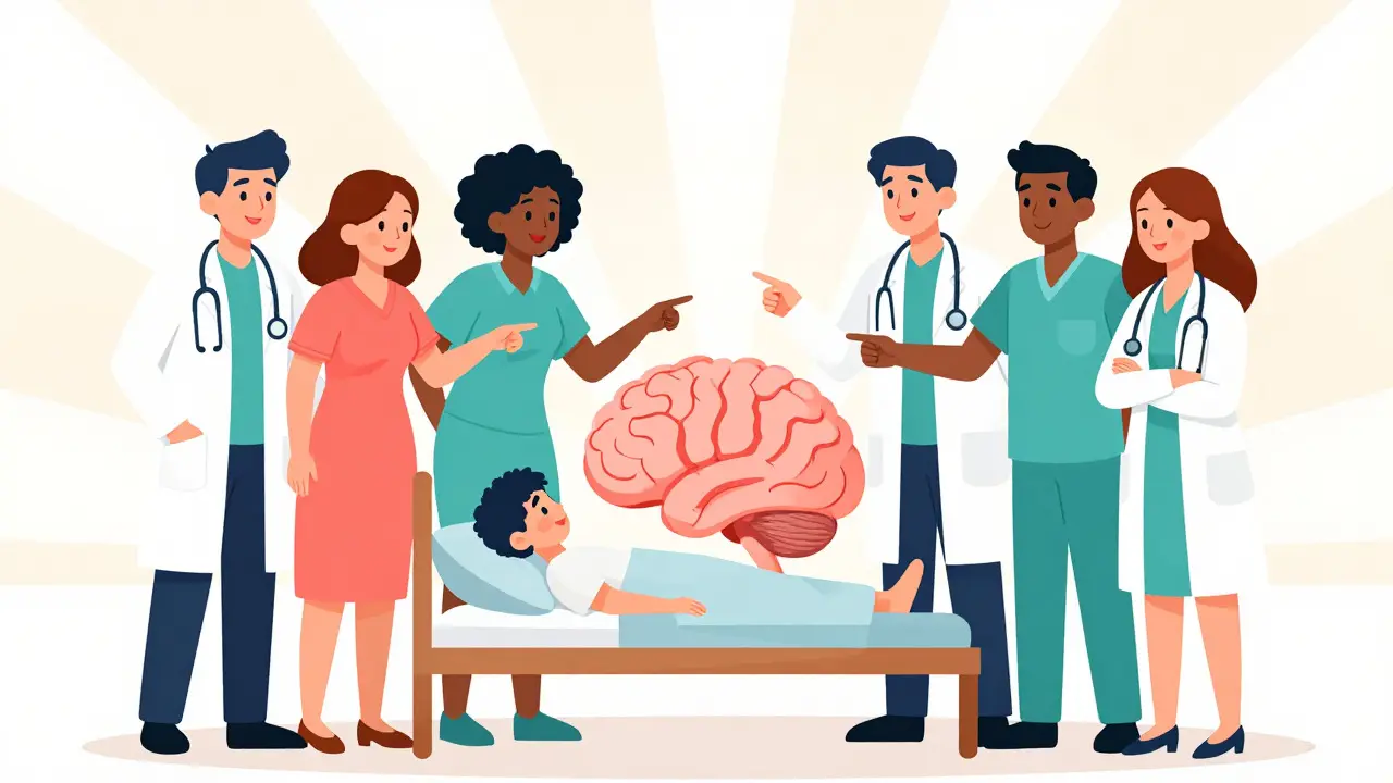 Cartoon depiction of a medical team collaborating around a patient with a brain and bed symbol