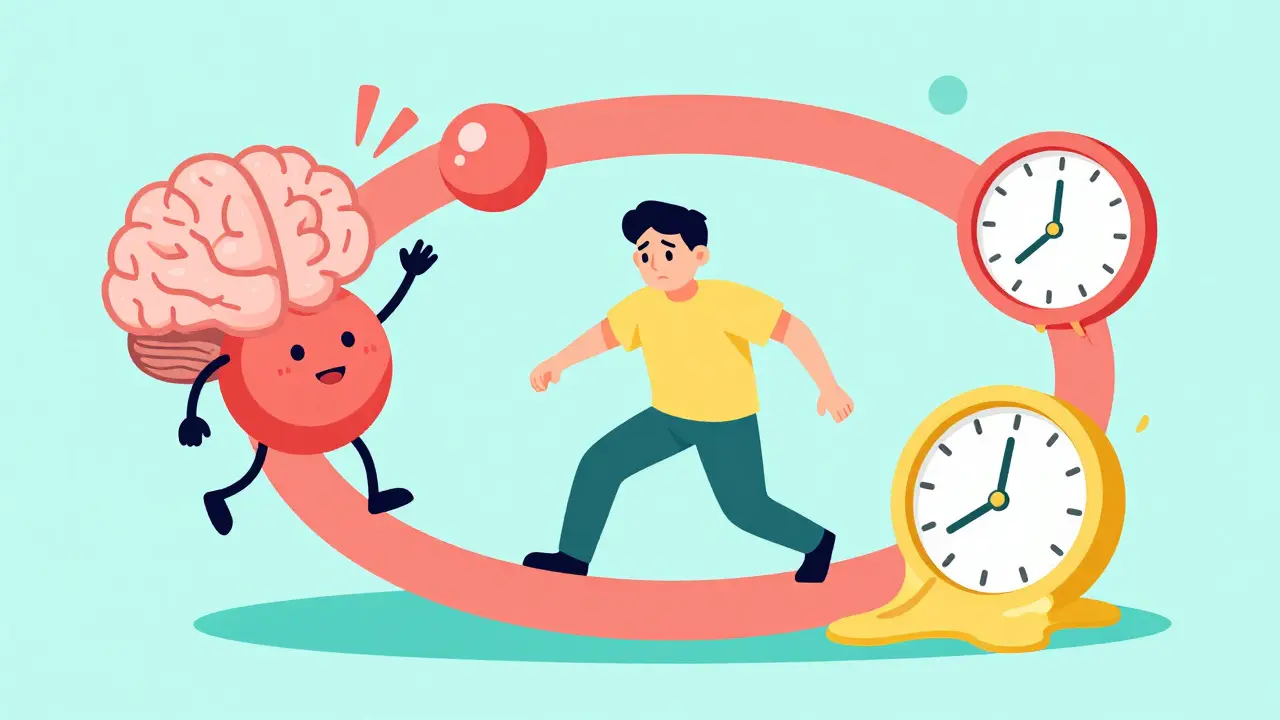 Cartoon depiction of a person navigating hormonal and environmental challenges in weight management