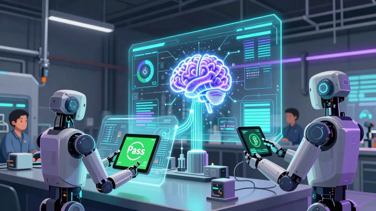 Cartoon of a futuristic factory with AI robots monitoring real-time production data