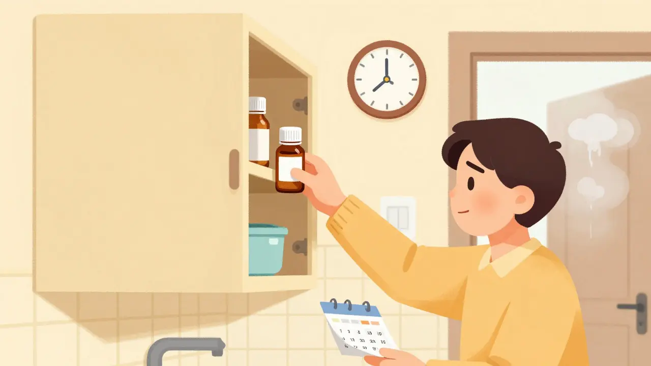 Cartoon showing a person storing medication safely in a cabinet away from bathroom humidity