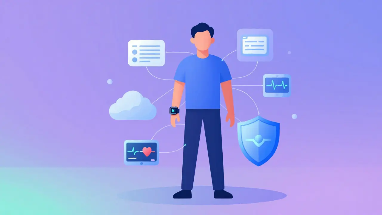 Conceptual art of patient connected to smartwatch and health data cloud