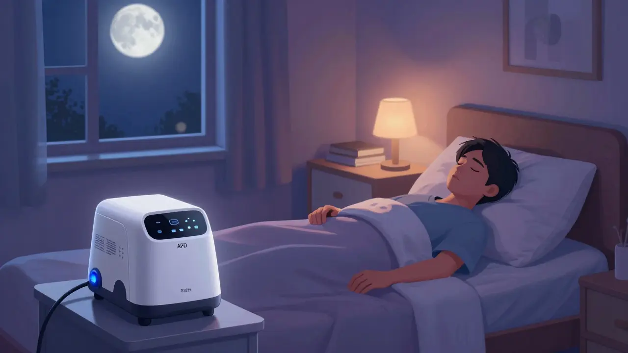 Cozy bedroom illustration showing a patient sleeping while an APD machine runs