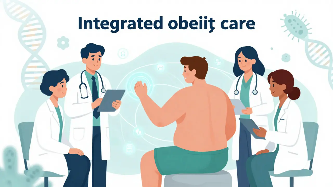 Editorial art showing a multidisciplinary team supporting a patient through integrated obesity care