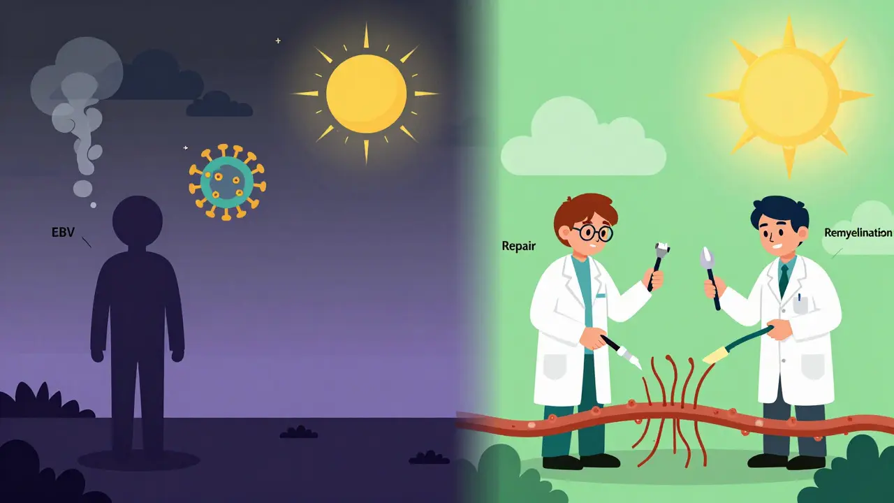 Editorial cartoon contrasting MS risk factors with future repair research