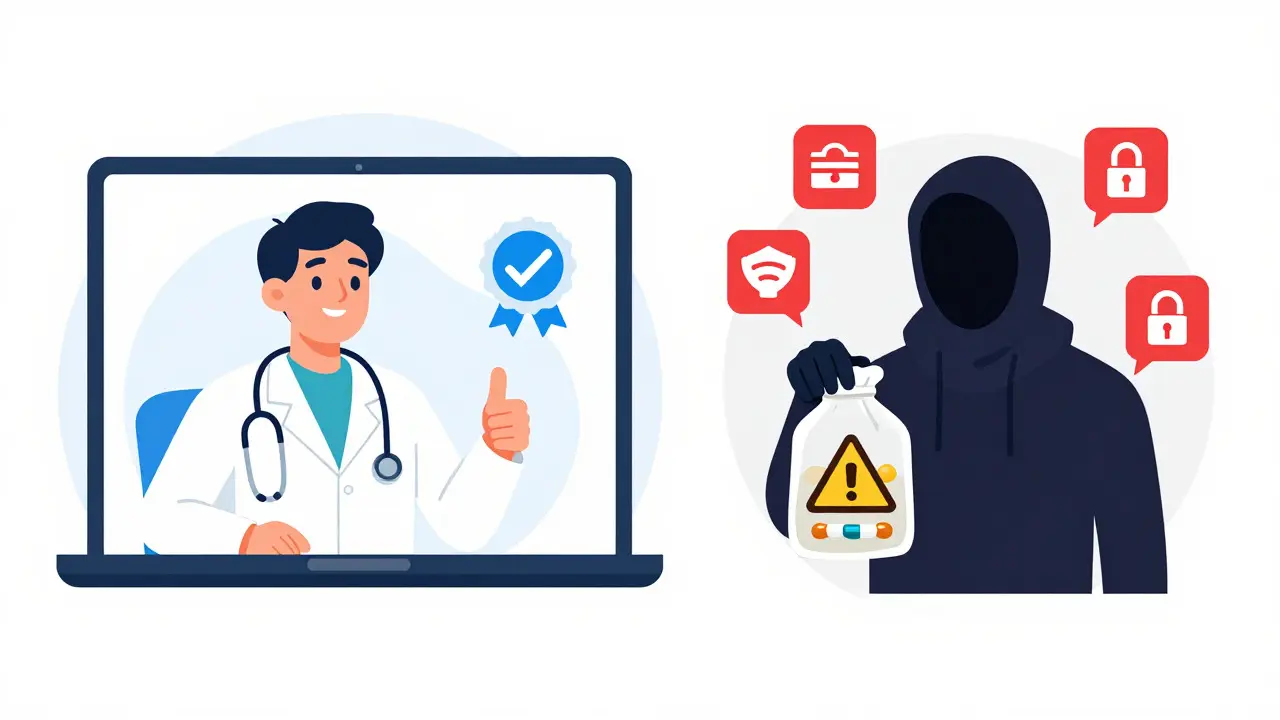 Illustration comparing safe telehealth vs shady online pharmacies