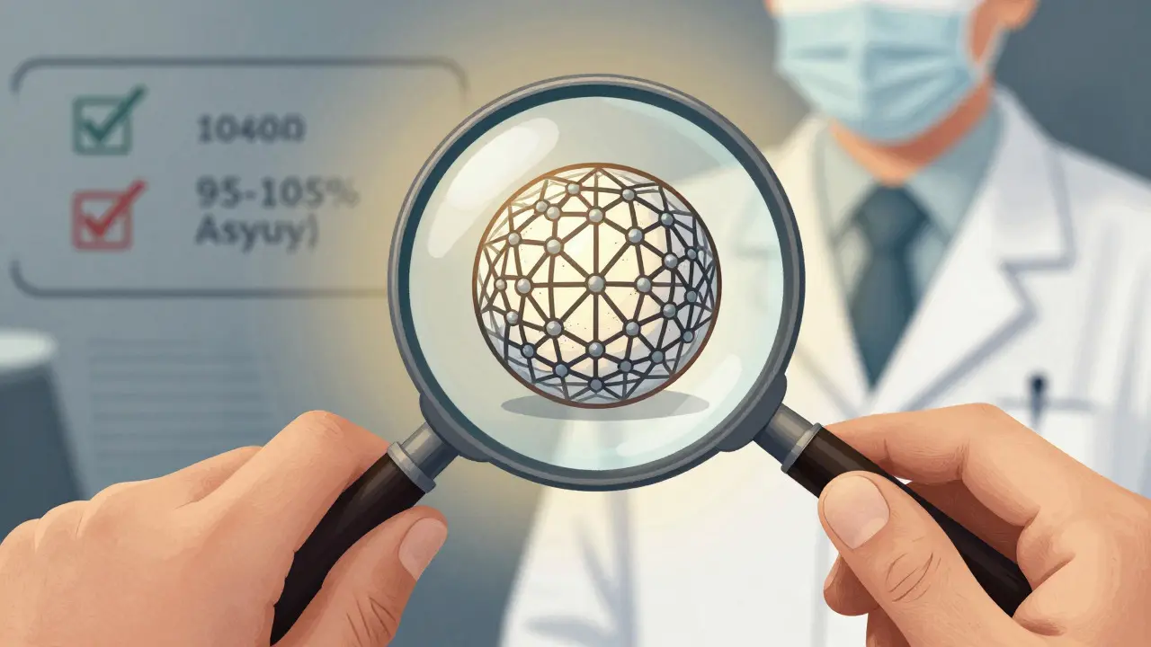 Illustration of a magnifying glass revealing precise molecular structure inside a pharmaceutical pill