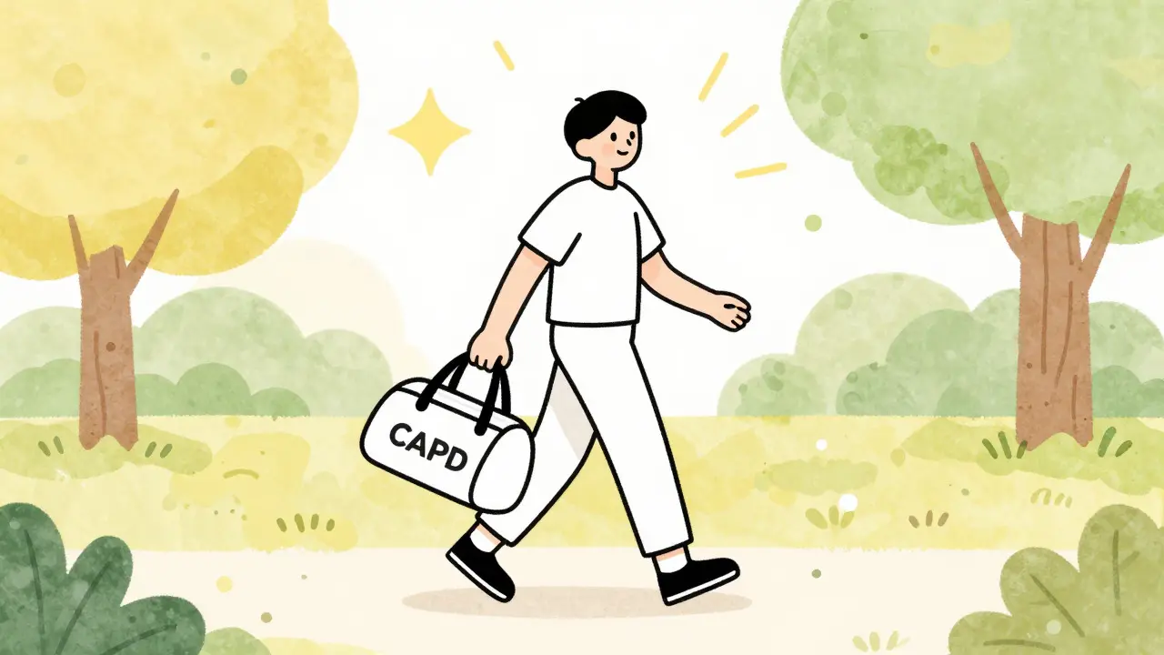 Illustration of a person traveling freely with portable dialysis supplies in a park