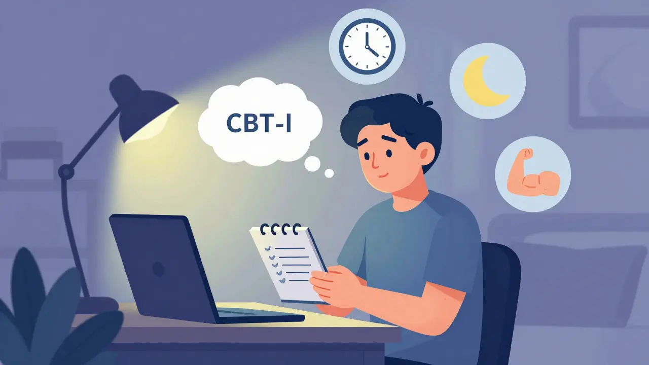 Illustration of a person using a notebook to restructure thoughts about sleep and pain in a calm bedroom
