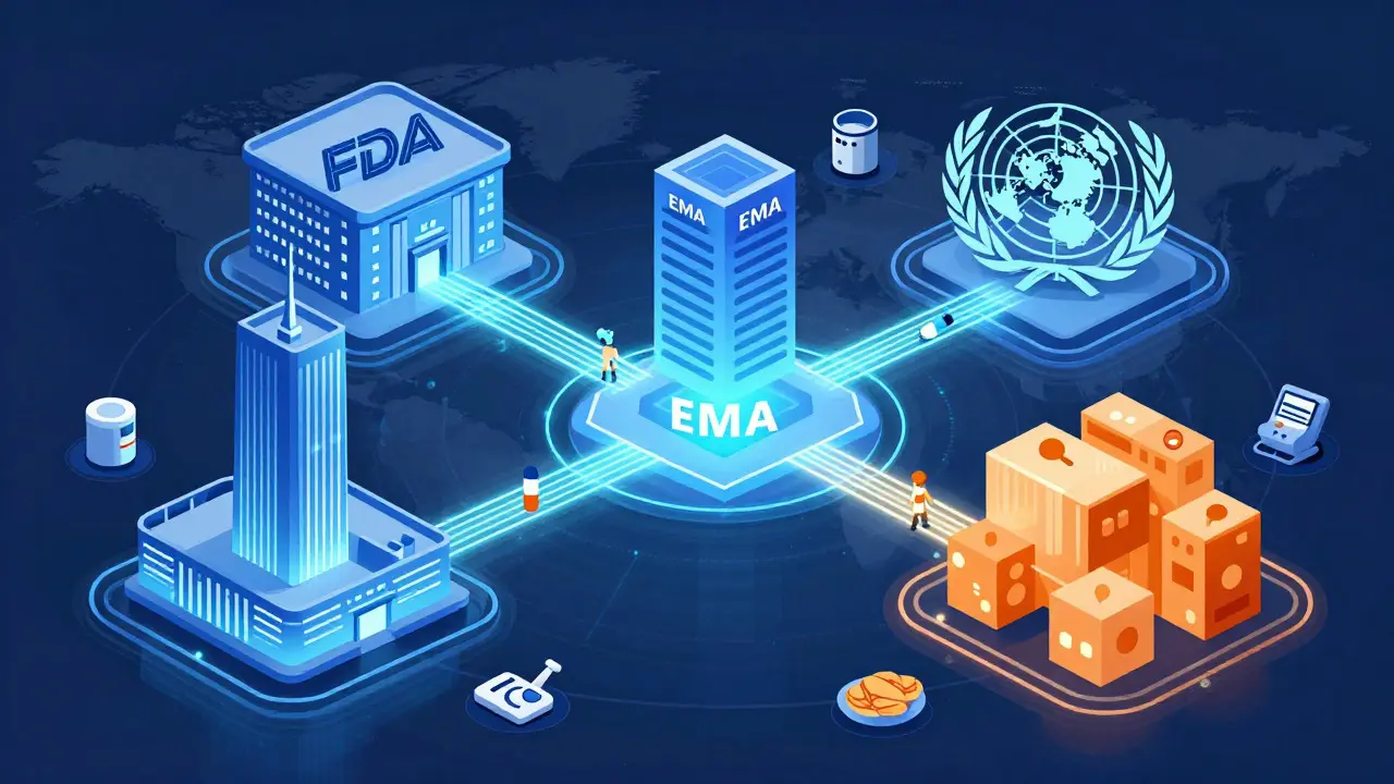 Illustration of FDA, EMA, and WHO buildings connected by digital data streams