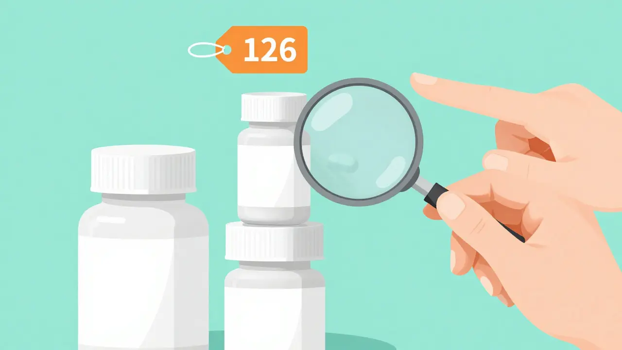 Illustration of hands choosing a generic pill bottle while checking prices with a magnifier