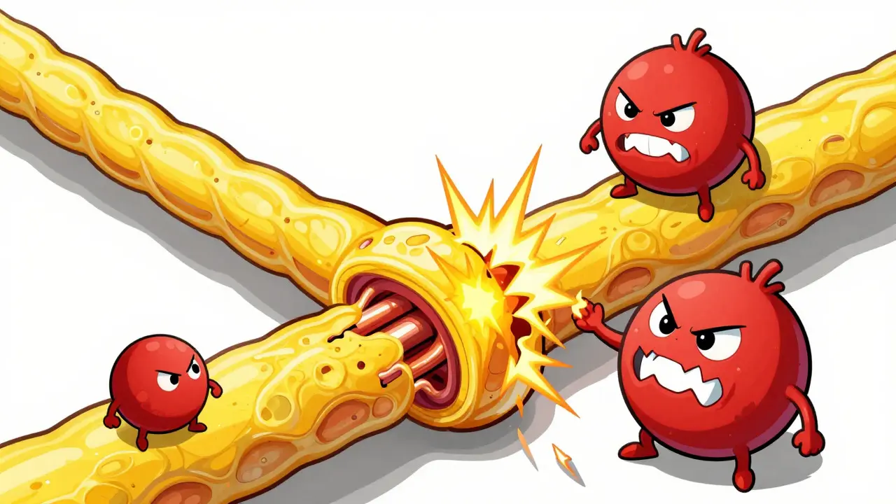 Illustration showing macrophages stripping myelin from a nerve fiber