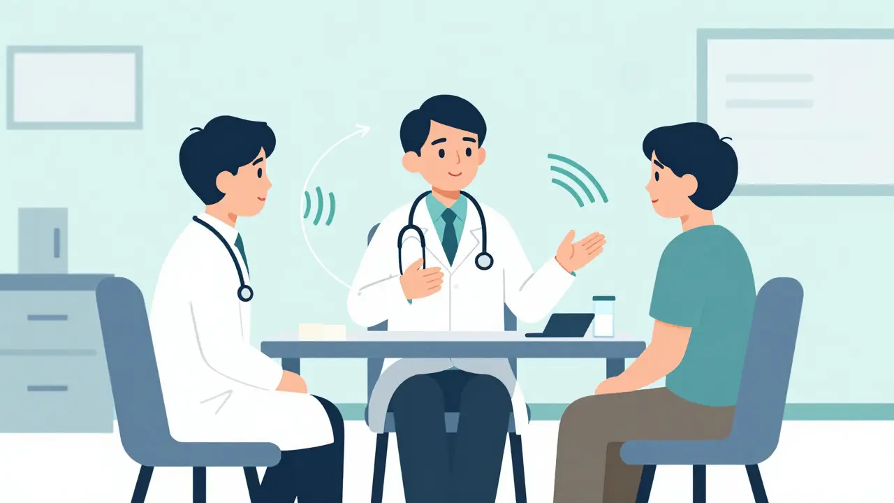 Interpreter facilitating communication between doctor and patient