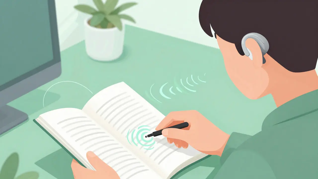 Person using sound therapy devices during daily activities with visual sound ripples
