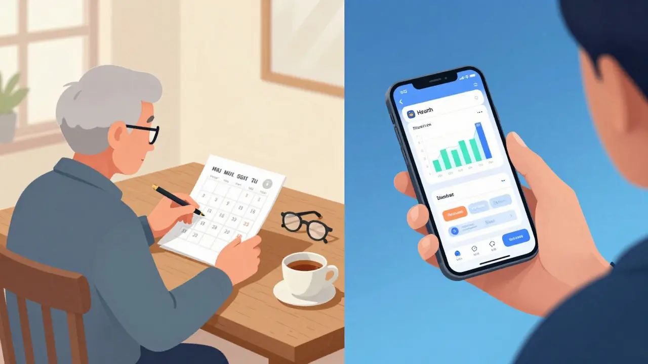 Split view of elderly person using paper calendar and young person using health app