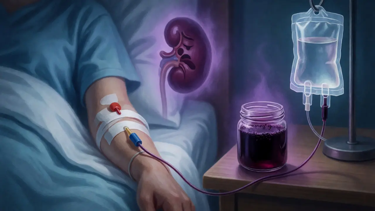 A kidney transplant patient with IV meds and a jar of elderberry syrup causing rejection risk.