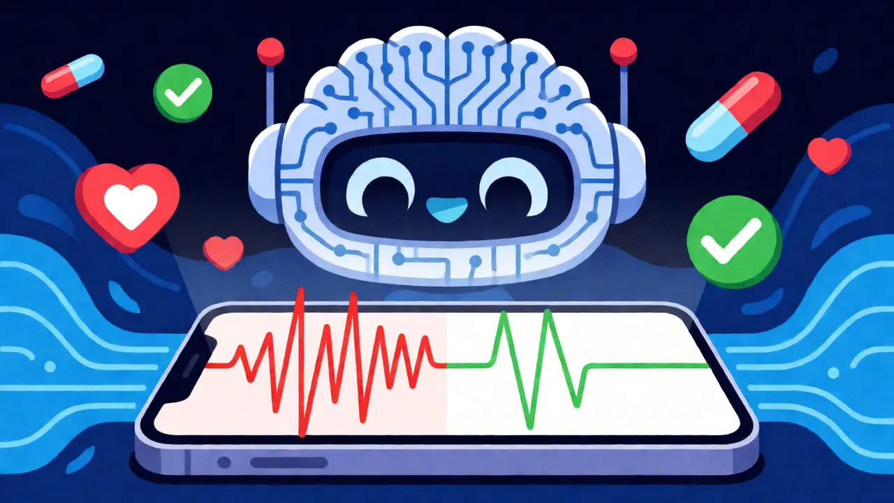 AI robot analyzing heart waveforms on a phone screen, turning chaotic signals into stable ones.