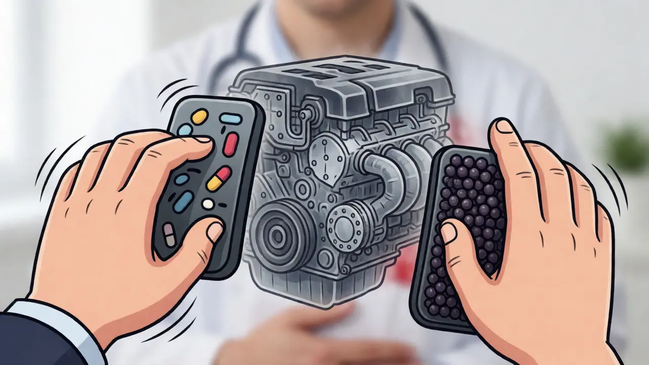 Cartoon of a car engine metaphor with brakes and gas pedals representing medication and supplements.