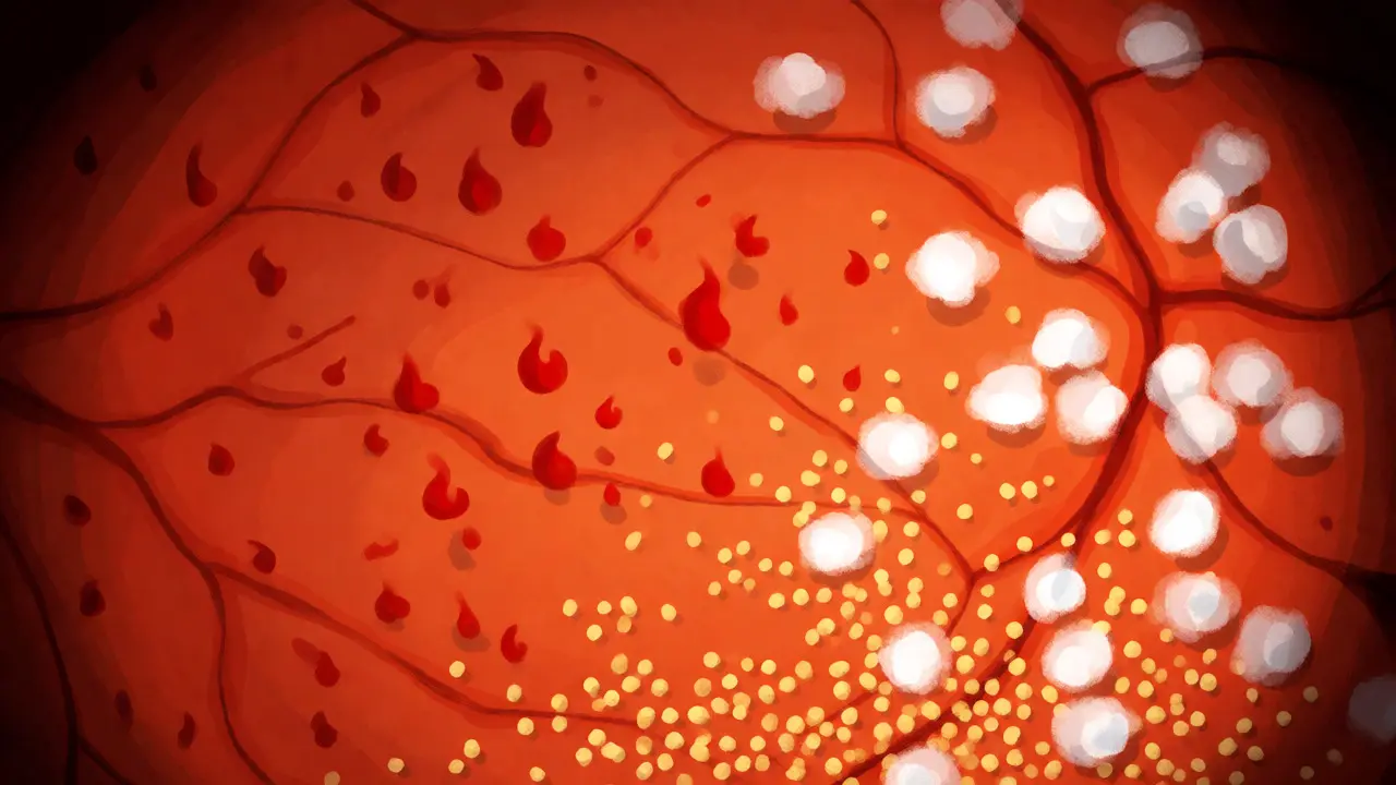 Close-up of retinal hemorrhages and cotton wool spots