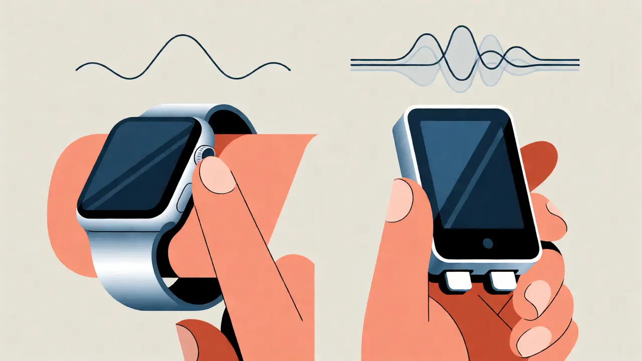 Side-by-side cartoon comparison of a smartwatch and a handheld ECG device recording heart signals.
